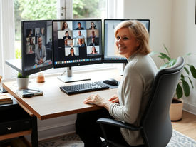 Smiling woman in a home office on a video call across three monitors, seated at a desk by a bright window.