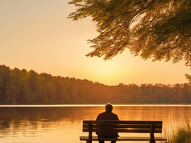 A person lost in thought sitting on a bench overlooking a lake.