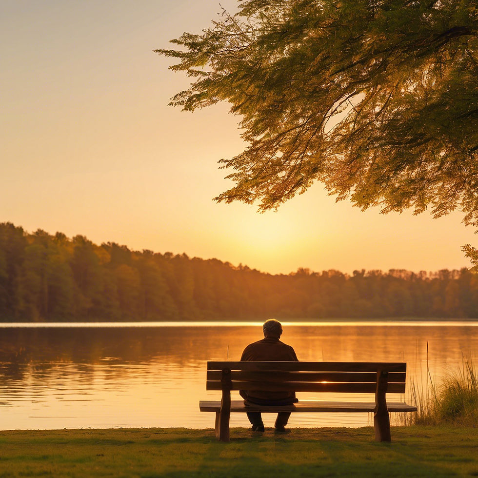 A person lost in thought sitting on a bench overlooking a lake.