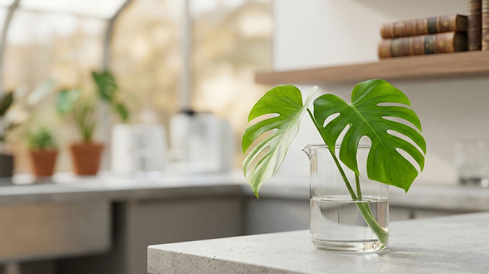 Primer plano minimalista de una rama con hojas verdes de planta monstera dentro de un vaso de precipitados de laboratorio con agua, sobre una encimera de cocina luminosa, representando el biohacking nutricional y la ciencia celular