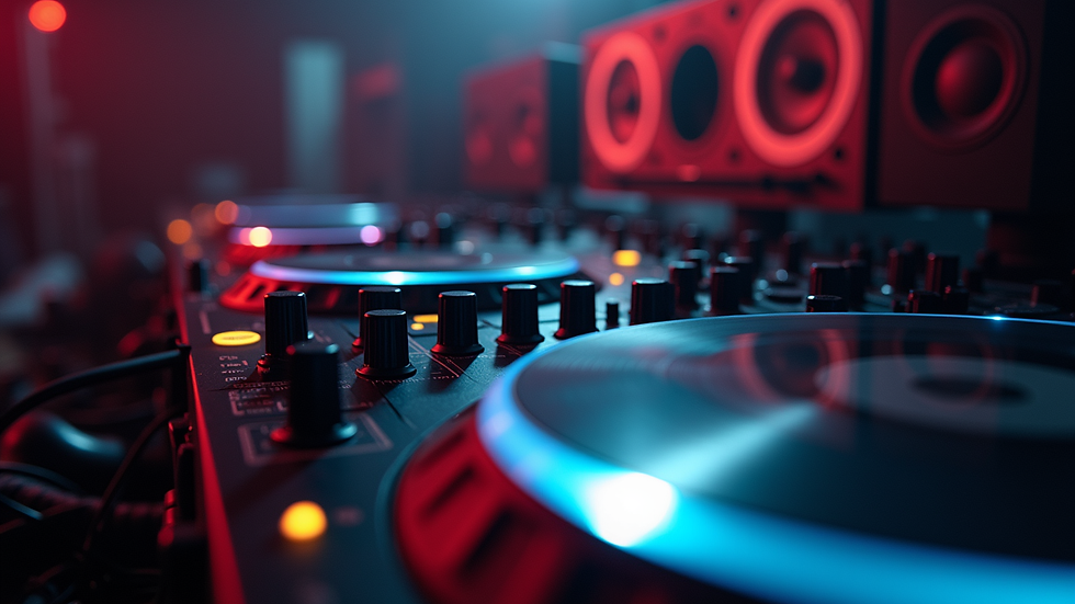 Eye-level view of a DJ setup with turntables and speakers