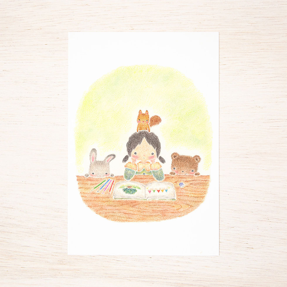 サムネイル： 5枚セット。絵本のような。ポストカード "みんなといっしょに考え中" PC-1192