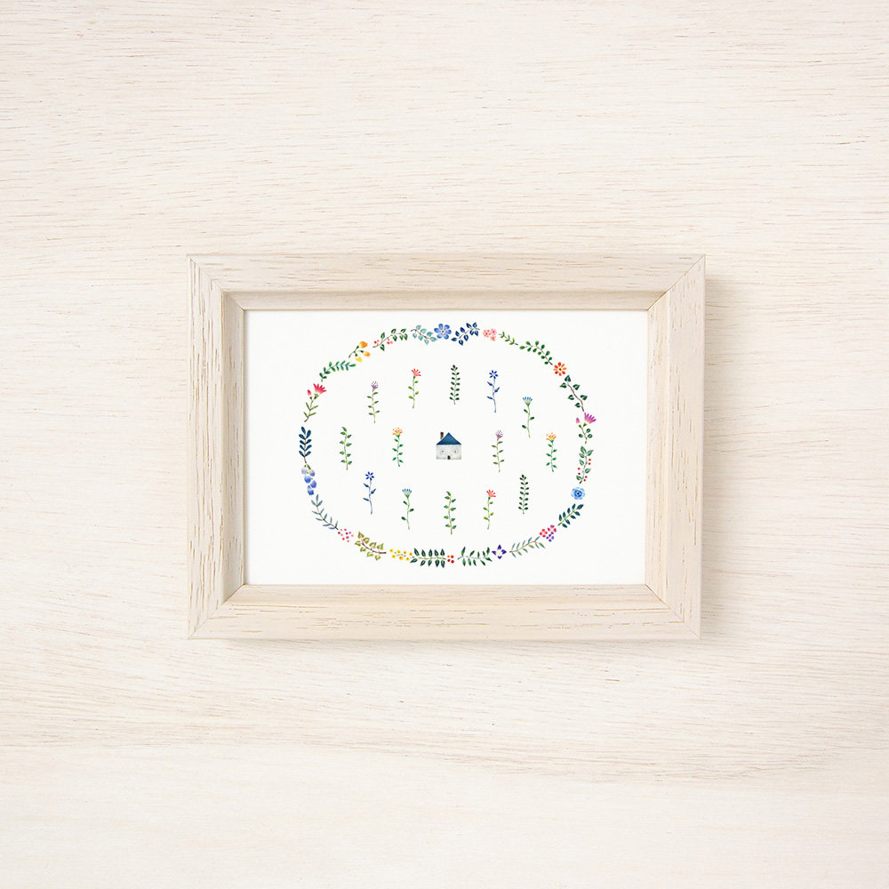 絵のある暮らし 額装アートプリント 青いちいさな家の庭 Fapr L90 Atelier Rili