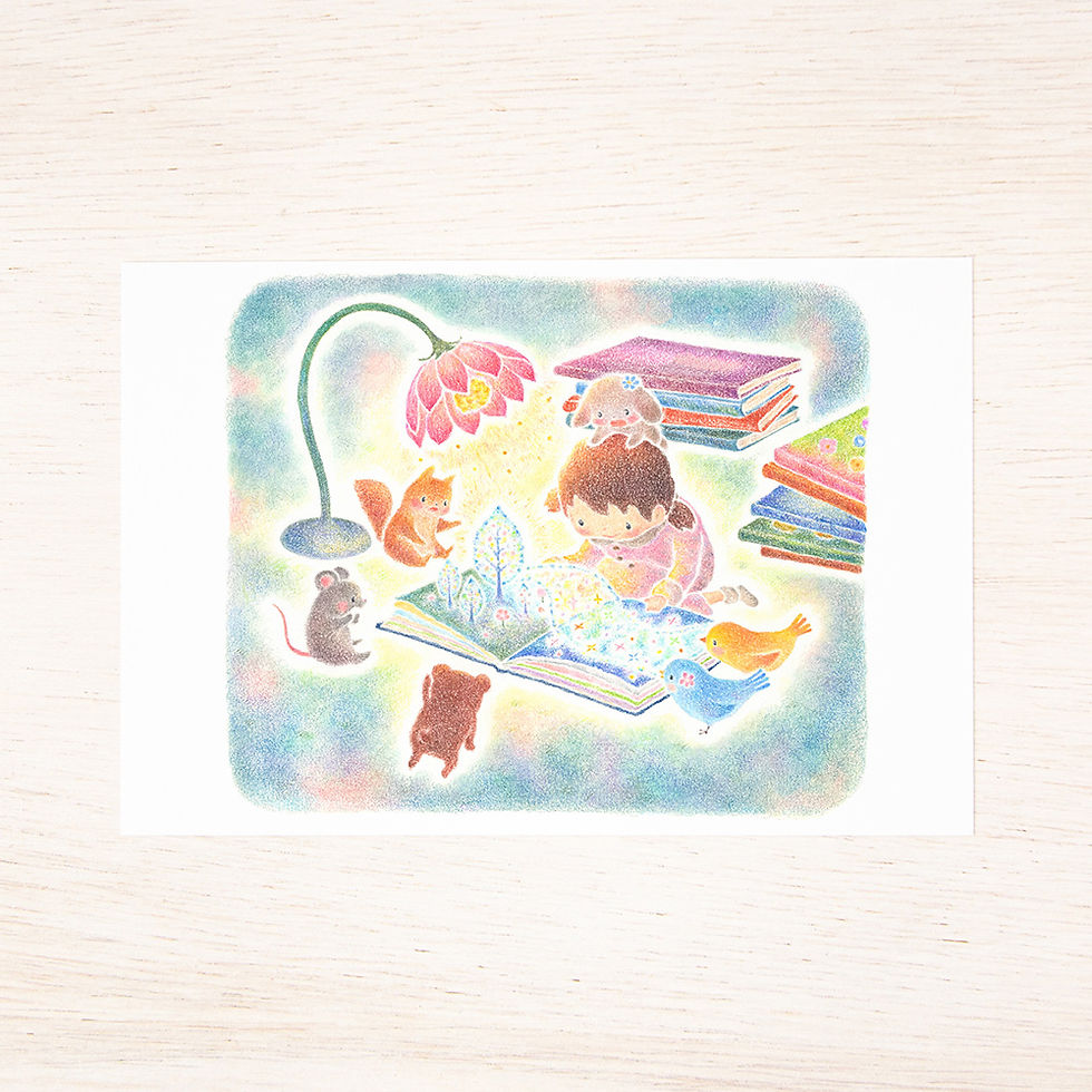 サムネイル： 5枚セット。絵本のような。ポストカード "しずかな夜の読書会" PC-1209