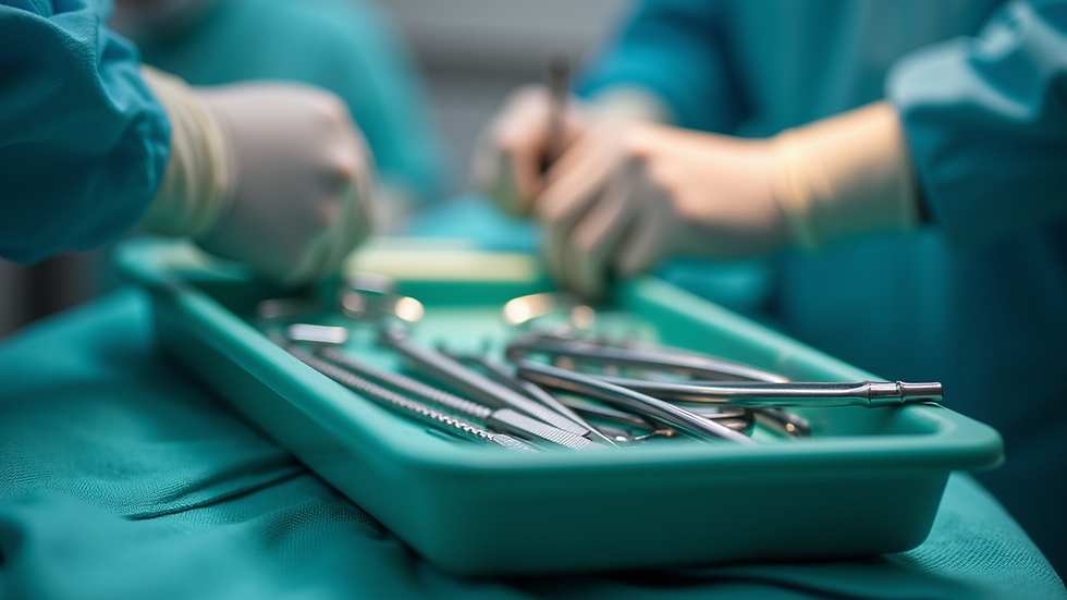Close-up view of a surgical instrument tray with various tools