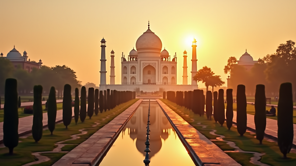 Wide angle view of the Taj Mahal at sunrise