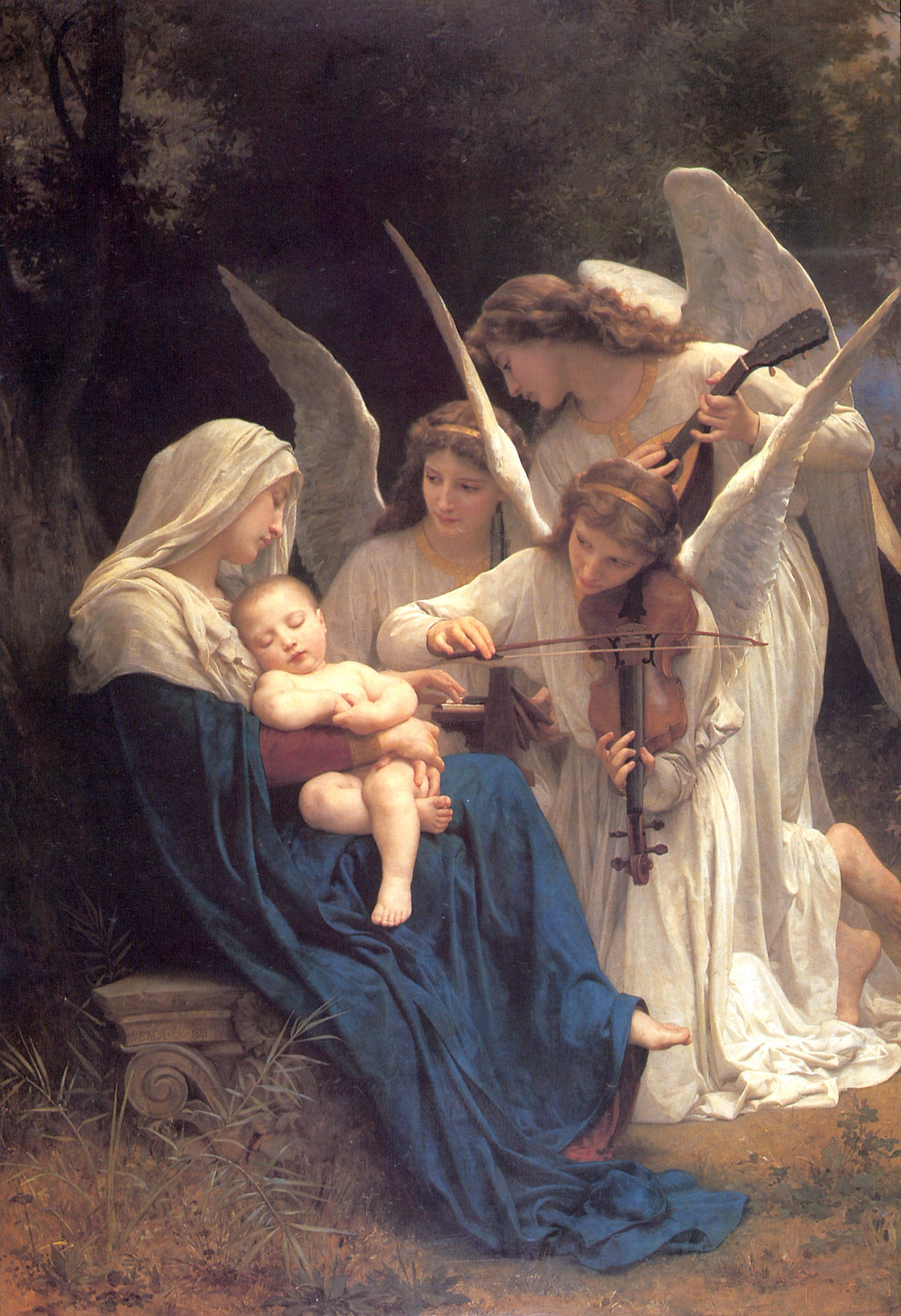 Songs of the angels oil on canvas painting with mary and jesus and 3 angels making music classic realism art by William Aldolphe-Bouguereau 1881 from Natural Pigments of California Silver Oak Art