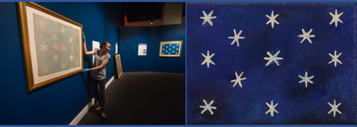 photo of General George Washington headquarters flag from American Revolution Museum and painting of 6 pointed multiple star flag by Silver Oak Art
