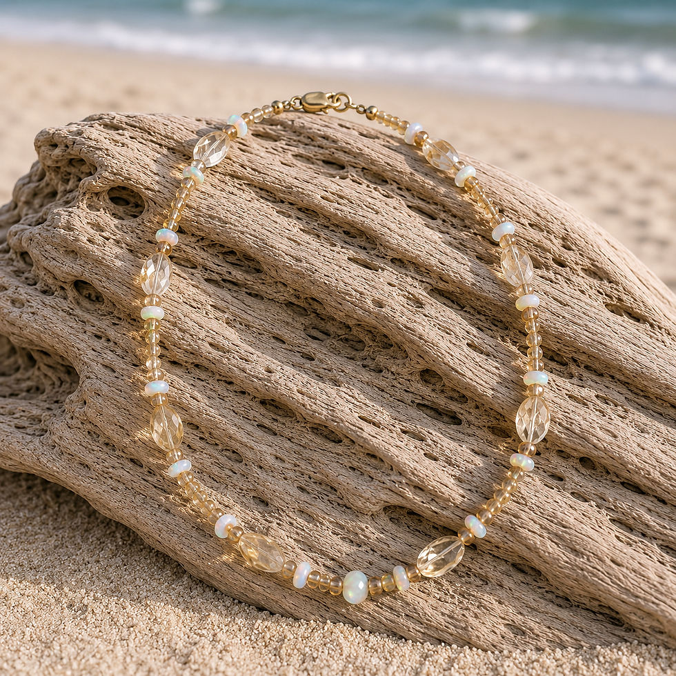 16.5-inch luxury necklace featuring Citrine, Ethiopian Fire Opals, and artisan glass accents handcrafted by K. Tiffany Delano