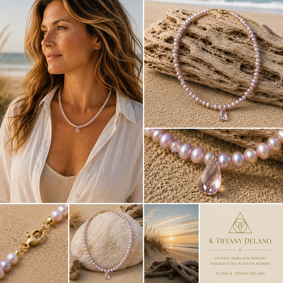 One-of-a-kind 16.5-inch freshwater pearl, Czech crystal, and Swarovski crystal necklace handcrafted by K. Tiffany Delano.