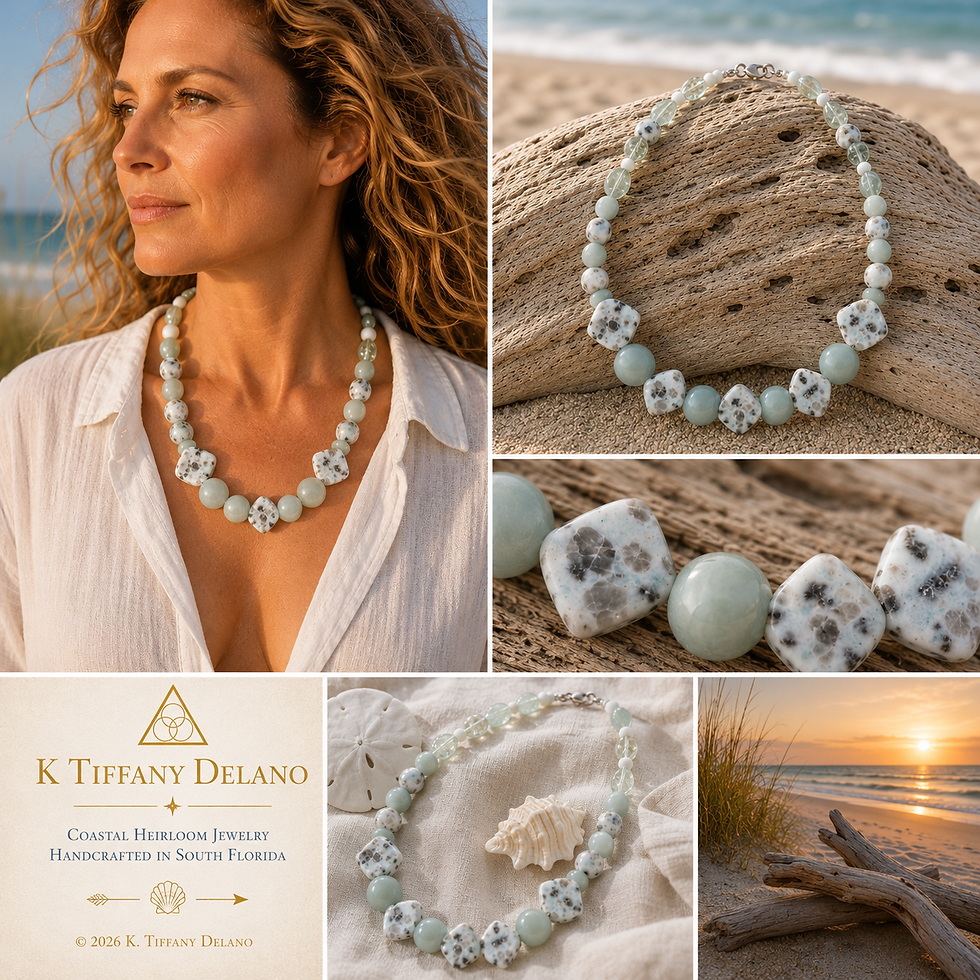 Coastal Mirage handcrafted 17-inch necklace featuring Blue Amazonite and Kiwi Jasper gemstones by K. Tiffany Delano.