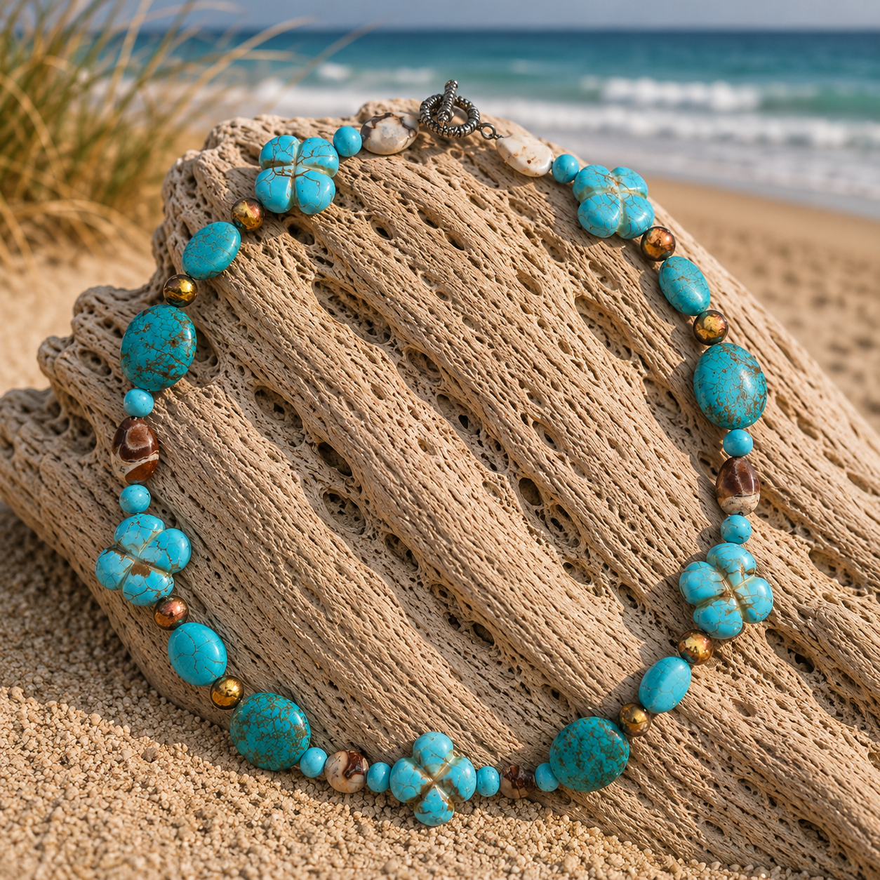 Island Blossom handcrafted 23-inch statement necklace featuring turquoise howlite, jasper gemstones, and floral-inspired arti