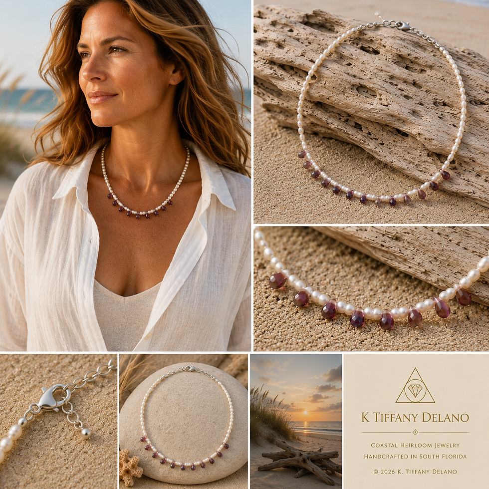 One-of-a-kind 15-inch freshwater seed pearl and iridescent glass necklace handcrafted by K. Tiffany Delano.