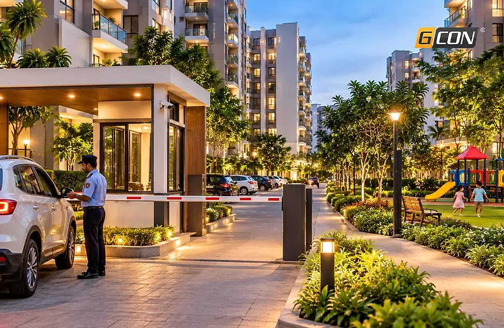 Security guard at the controlled entry barrier of a residential complex in Vizag with a landscaped driveway