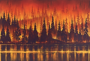 Nicolas Part exhibition at the currier, this is an image of one of the artworks featured in the exhibit of a forest in fire.