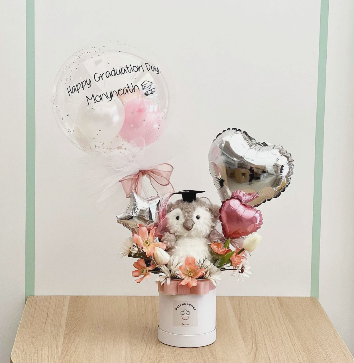 A FlowerBox with Shaped Balloons & a Plushie