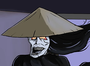 Villain with glowing eyes, wide grin, and conical hat