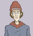 Cartoon man in red 'MUFUCKA' beanie and blue hoodie