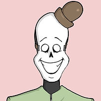Creepy cartoon character with skull face, wide smile, and brown hat