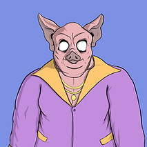 Cartoon pig-headed character in purple suit with gold chain, named Chef Disco