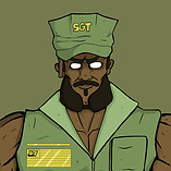 Cartoon man in olive green SGT uniform