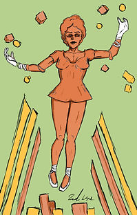 Stylized orange figure floating, geometric shapes scattered