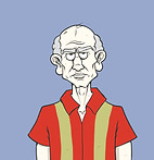 Grumpy bald man wearing a red and yellow bowling shirt