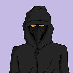 Plague doctor in black hooded robe, orange glowing eyes.