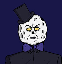 Stern moon face in top hat and purple bow tie