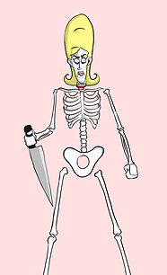 Cartoon skeleton with blonde beehive hair, red choker, holding a knife