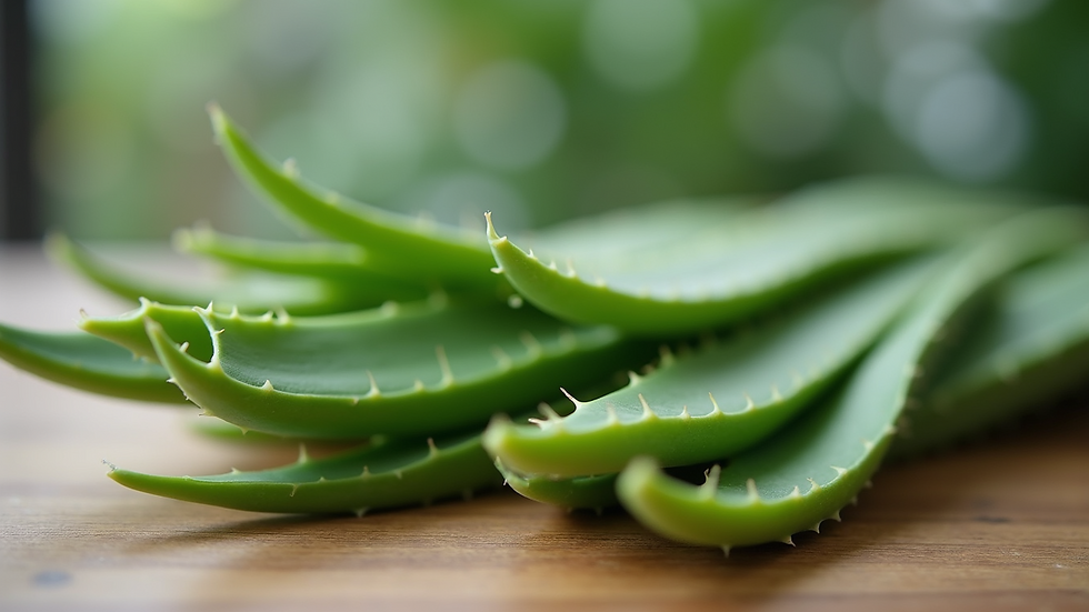 Eye-level view of fresh aloe vera leaves on wooden surface