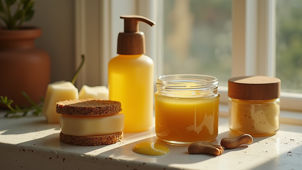 High angle view of vintage skincare products including a jar of beef tallow