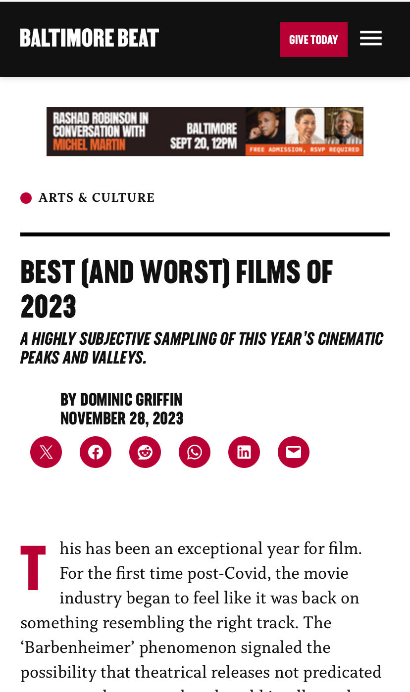 A screenshot from a Baltimore Beat article: "Best (and worst) films of 2023" by Dominic Griffin, November 28, 2023. It starts: "This has been an exceptional year for film. For the first time post-Covid...."