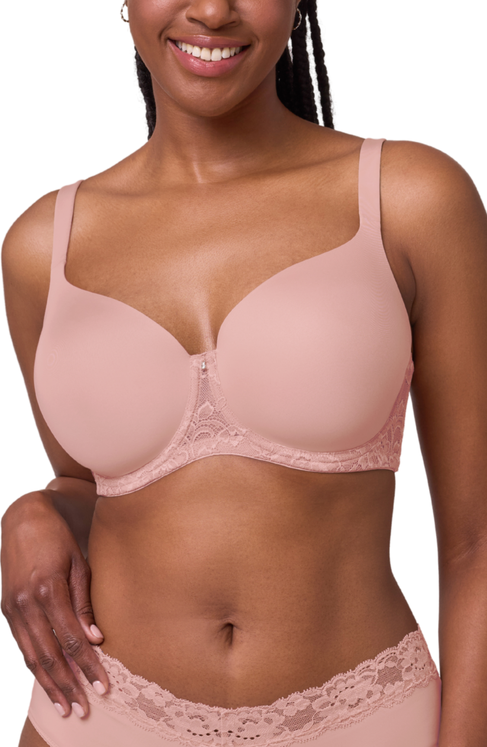 Model wears Montelle Pure Plus T-Shirt Bra.