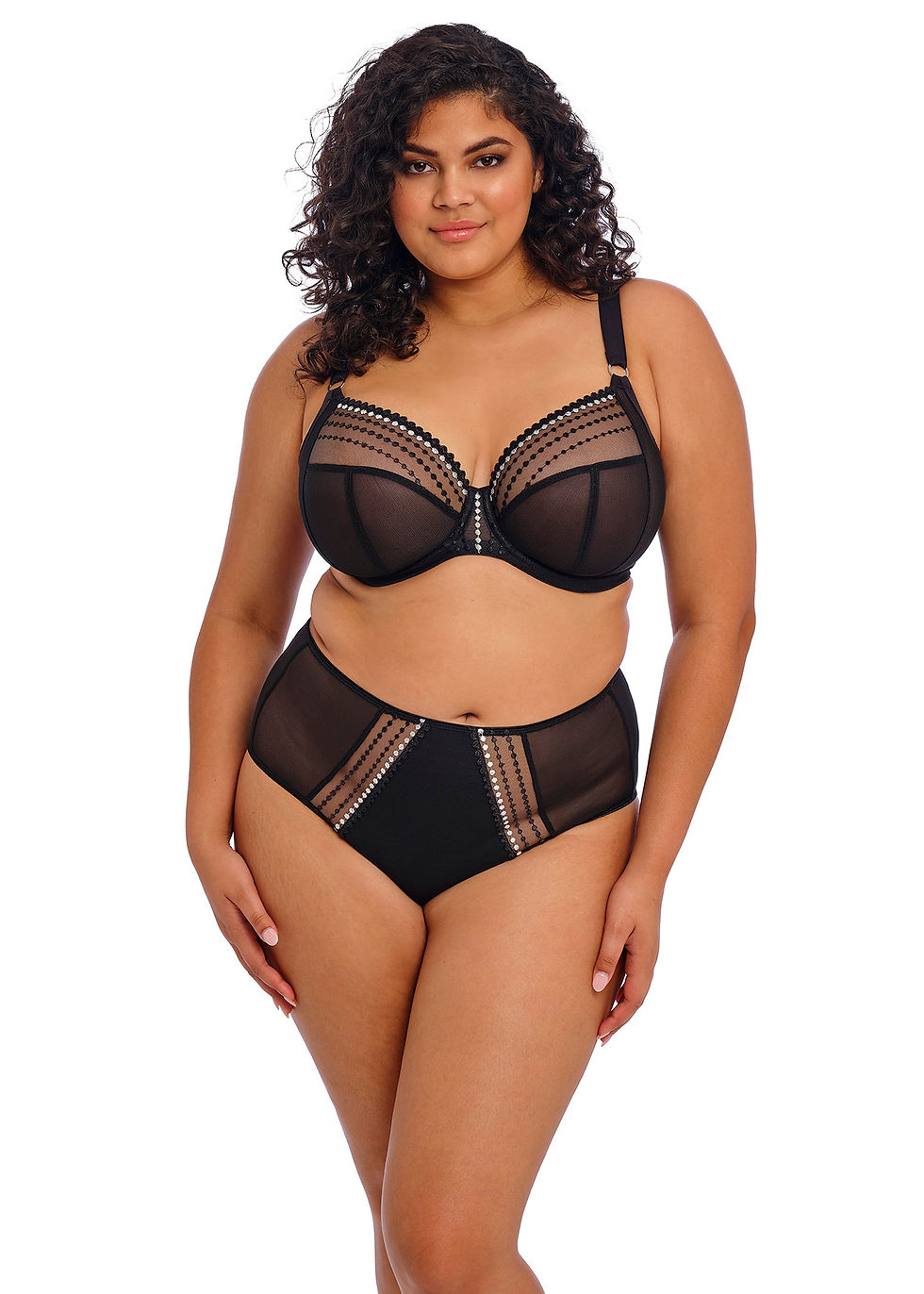 Thumbnail: Model wears Elomi Matilda in Black, a sheer plunge bra.