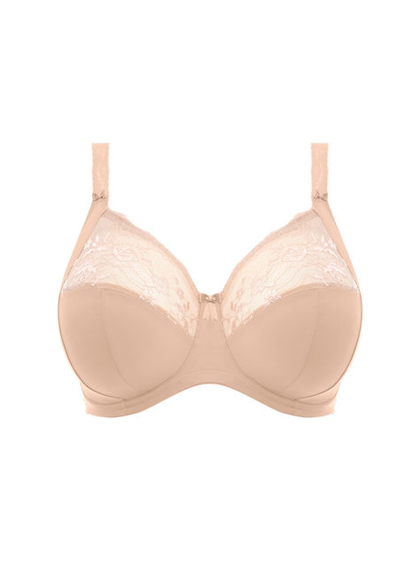 Elomi Morgan in Sahara (light beige) features a 4 piece cup. Smooth bottom cups and side panels lift and shape the bust, while the floral stretch lace top cup contours to the bust.