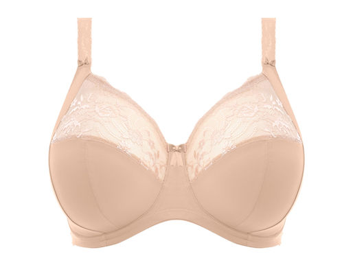 Elomi Morgan in Sahara (light beige) features a 4 piece cup. Smooth bottom cups and side panels lift and shape the bust, while the floral stretch lace top cup contours to the bust.