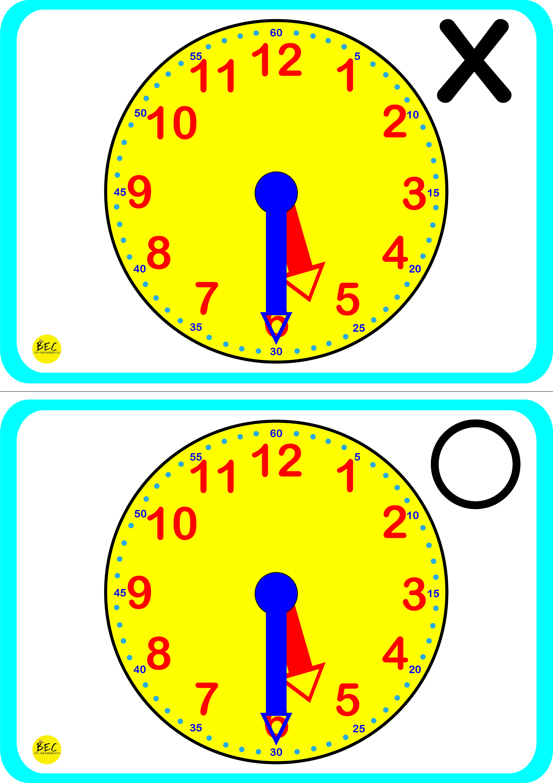 Printable Telling Time Flashcards for nursery students, featuring clocks from 1 o'clock to 12:30