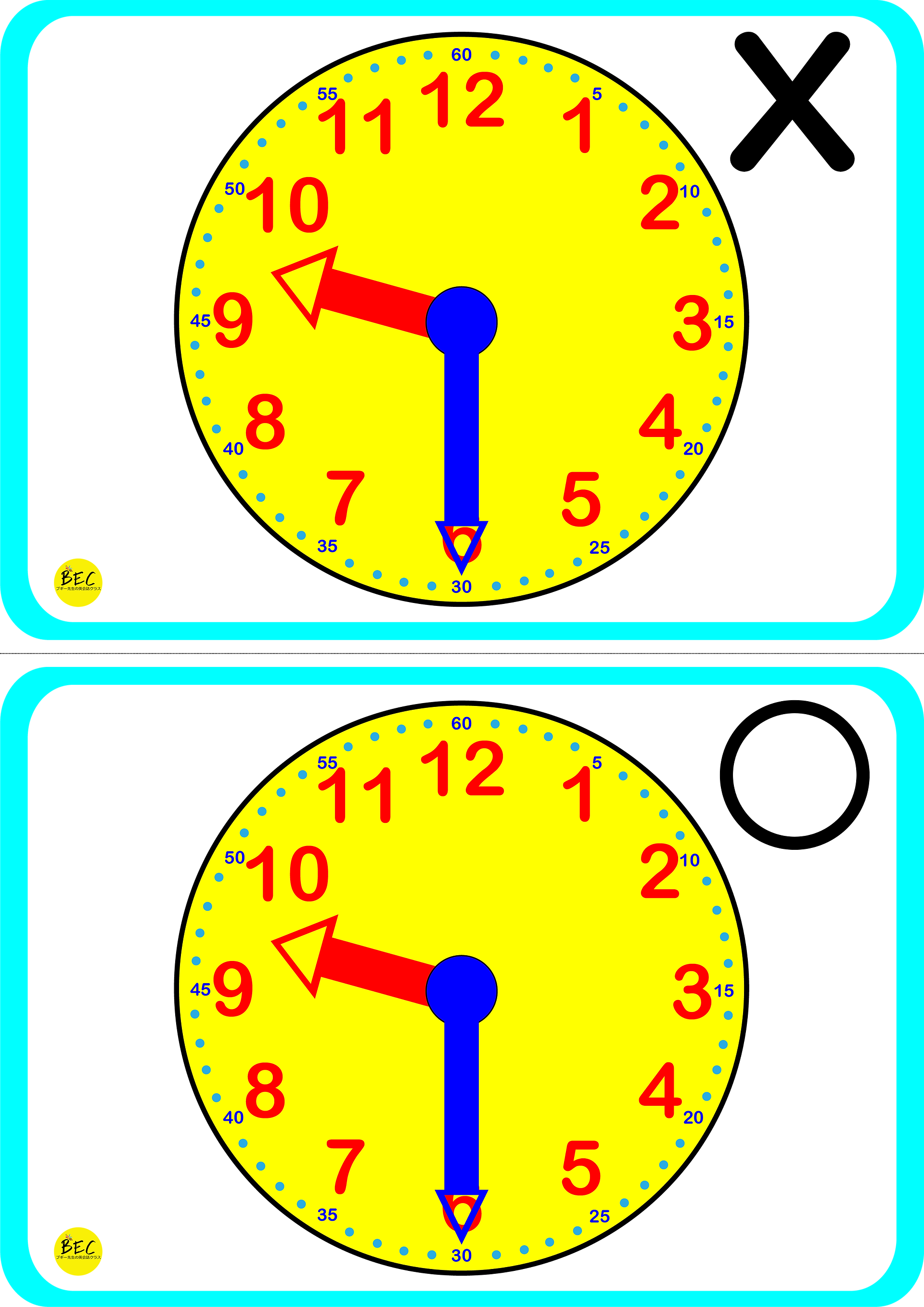 Printable Telling Time Flashcards for nursery students, featuring clocks from 1 o'clock to 12:30