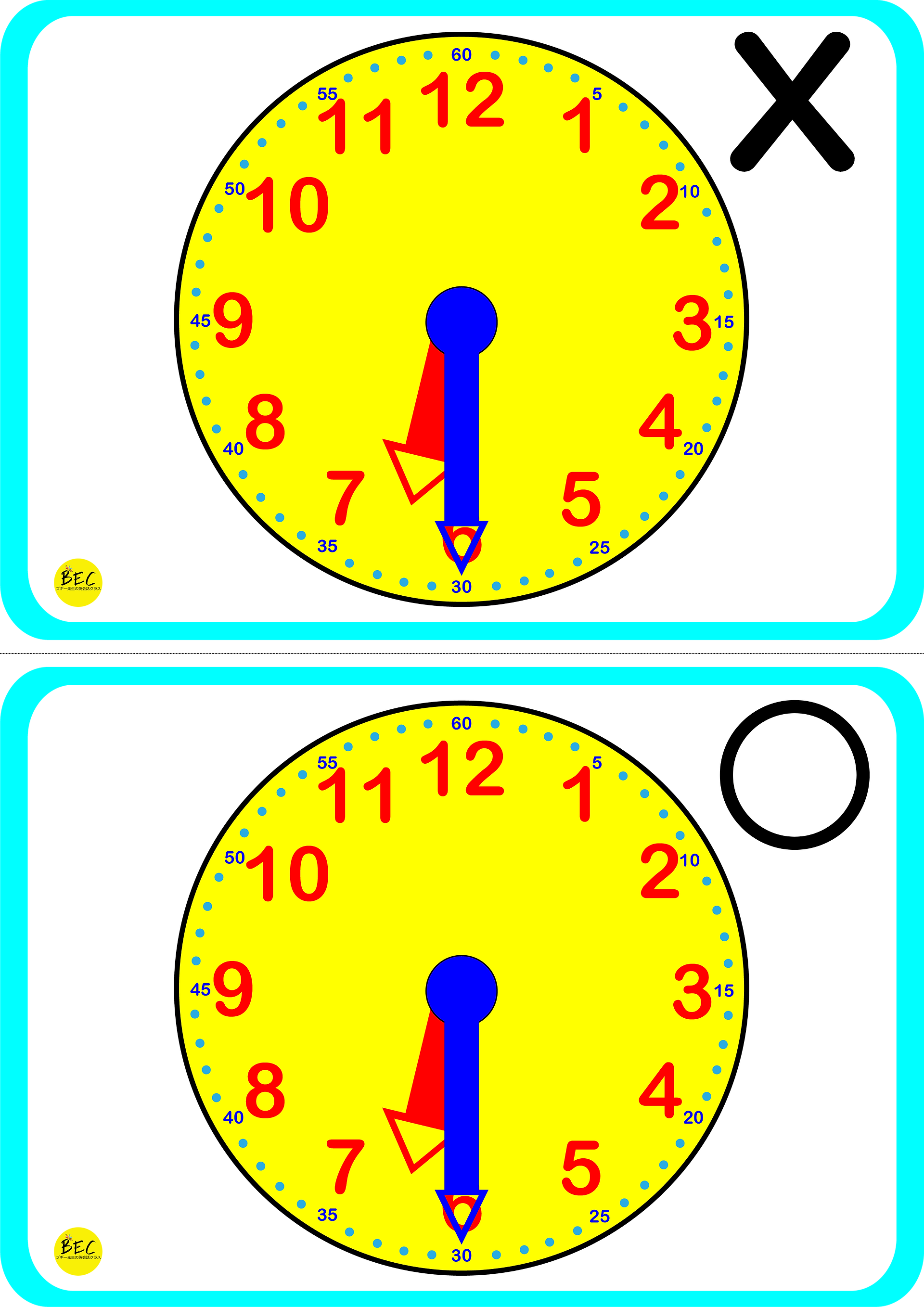 Printable Telling Time Flashcards for nursery students, featuring clocks from 1 o'clock to 12:30