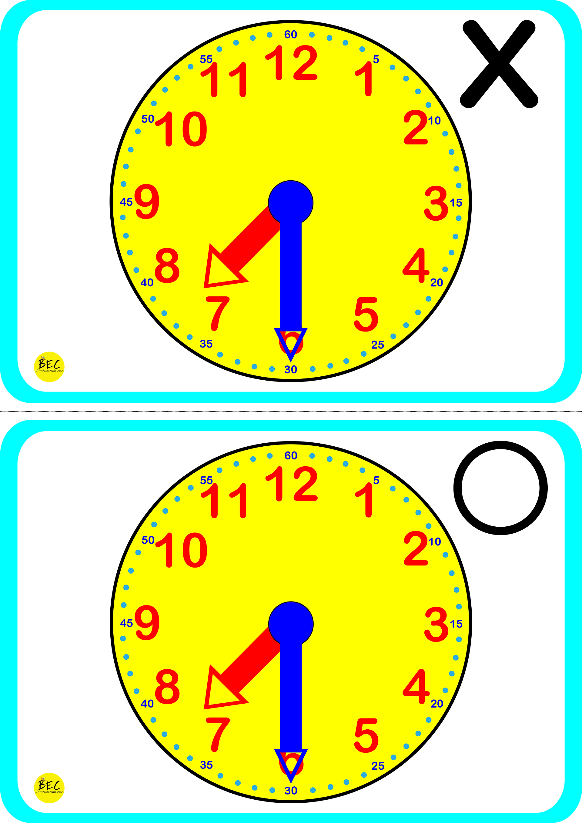Printable Telling Time Flashcards for nursery students, featuring clocks from 1 o'clock to 12:30