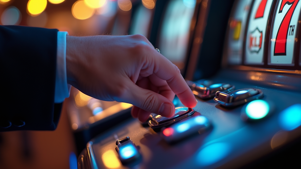 Close-up view of hand pressing slot machine button