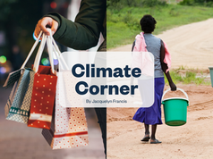 On left is a person carrying shopping bags, while on the left a woman, presumably in sub-Saharan Africa carries a plastic water bucket.