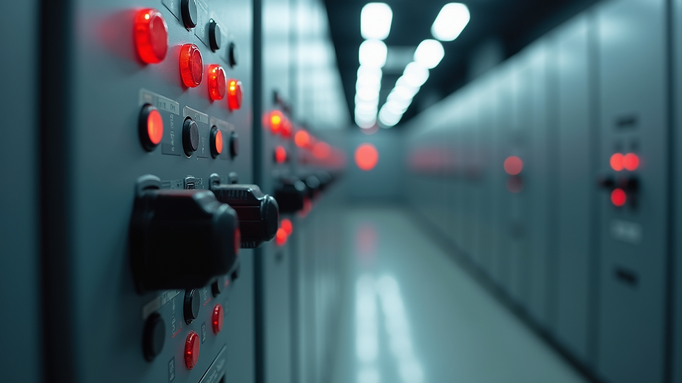 Eye-level view of a modern electrical panel with circuit breakers