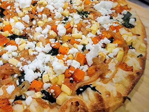 HARVEST PIZZA with Hummus, Butternut Squash, Caramelized Onions, Spinach & Apples