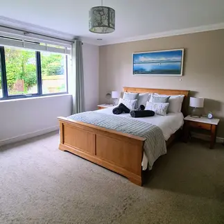Tree Top View Sheringham bedroom with king size bed and woodland view onto the bird feeder