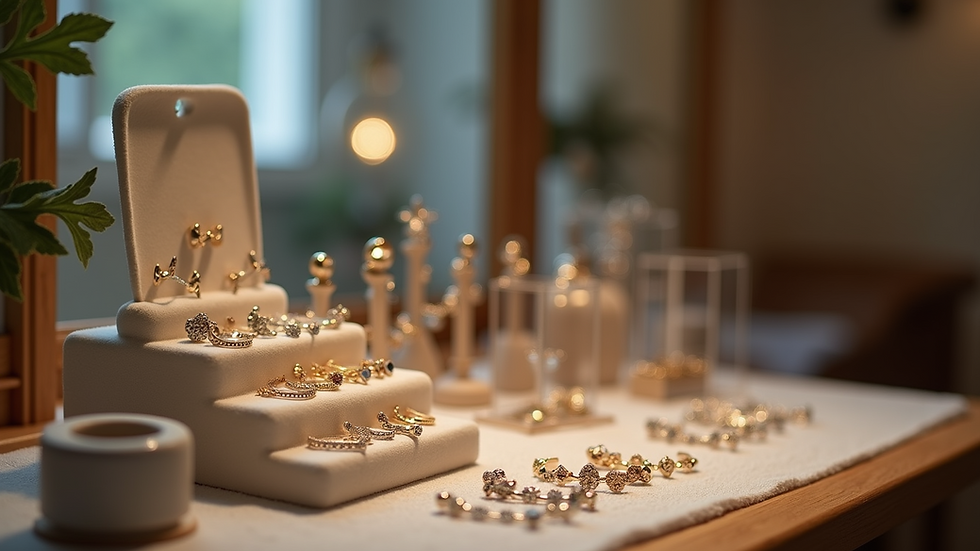 Close-up view of a beautifully arranged piercing studio with various jewelry options