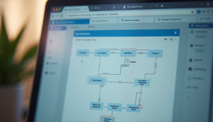 Close-up view of a computer screen showing Salesforce Flow Orchestration workflow design interface