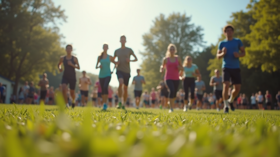 Eye-level view of a group of people exercising together outdoors