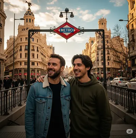 Dos amigos disfrutando viajes a Madrid mientras recorren el metro de Gran Vía, experimentando la vida local madrileña auténtica.